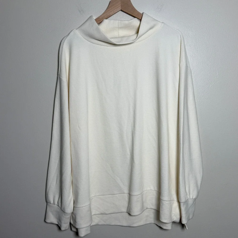 Wonderly Womens Cotton Pullover 1X Parchment Athleisure Ribbed Mock Neck Lounge